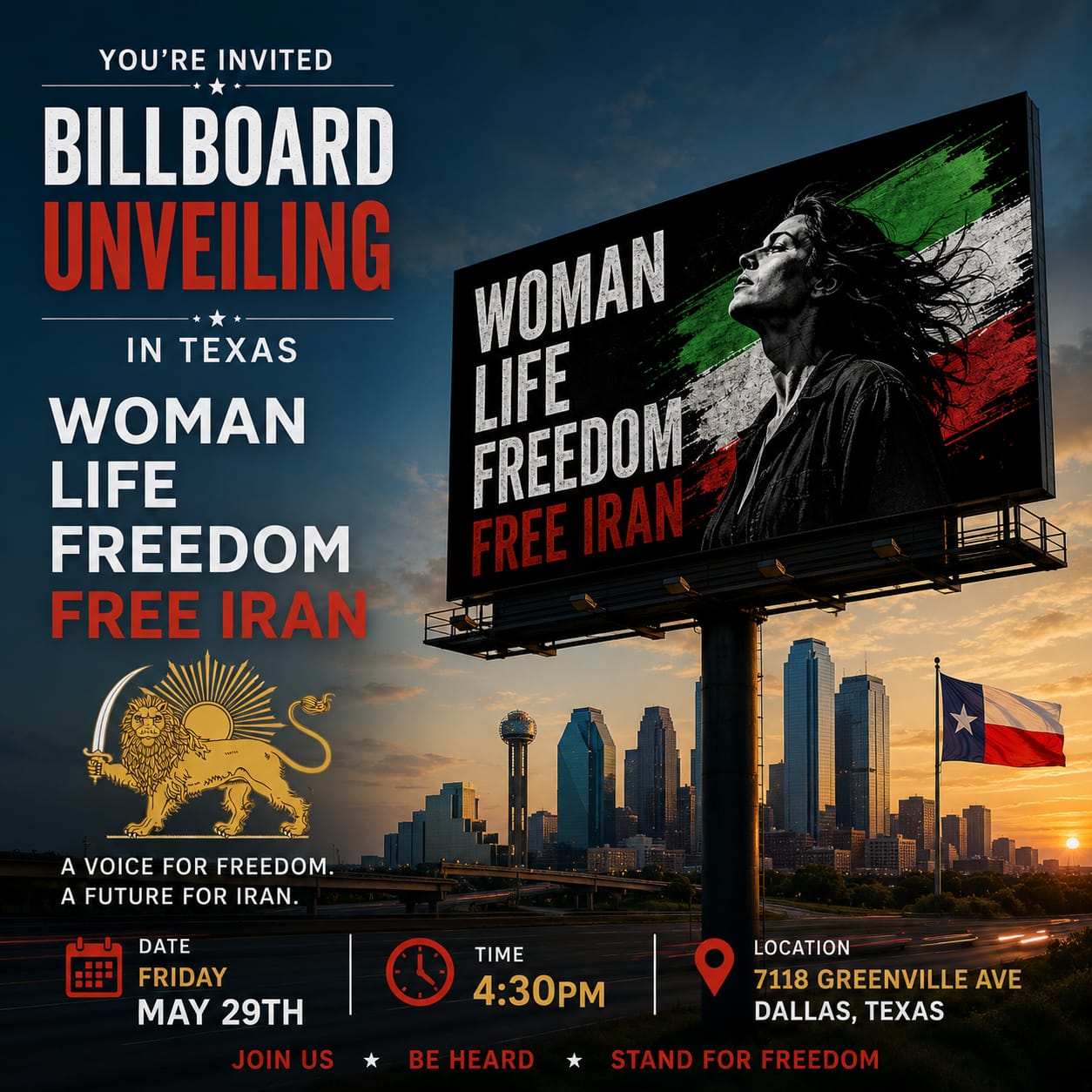 Woman Life Freedom Billboard Unveiling May 29 Dallas Texas